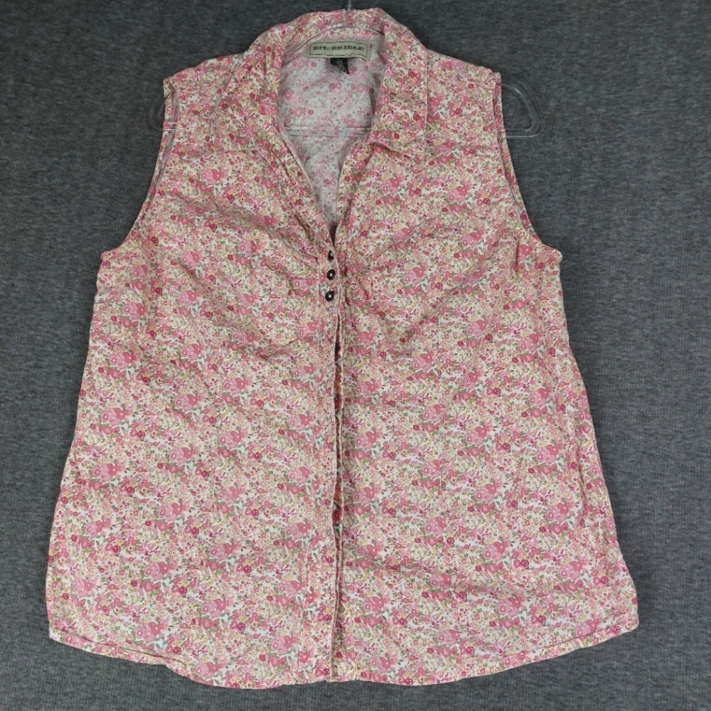 BIT & BRIDLE WOMENS PINK FLORAL 100% COTTON BUTTON UP SLEEVELESS SHIRT SIZE XL